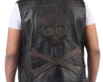 Handmade Leather Biker Vest – Vintage Skull Bones Motorcycle Outfit for Men