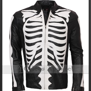 Handmade Fashion Biker Skeleton Bones Leather Jacket Halloween Costume