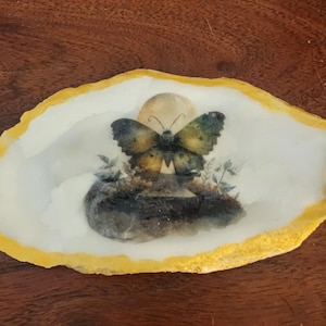 Moth and Full Moon Oyster Dish – Handmade Smudge Bowl, Celestial Jewelry Holder, Witchy Altar Decor, Lunar Trinket Dish, Moon Magic Gift