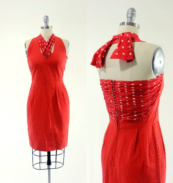 1950's Red Halter Dress S M Polkadot