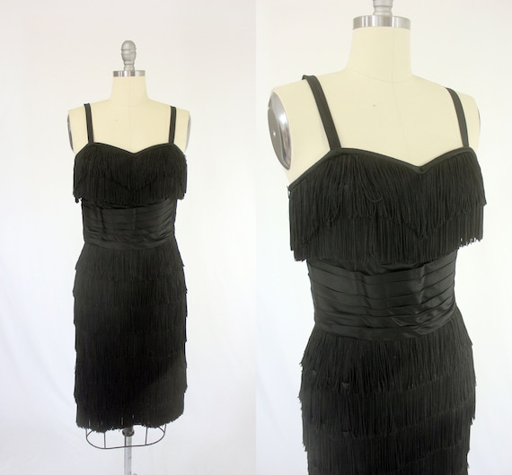 1950's Black Fringe Cocktail Dress S M Edward Abbo