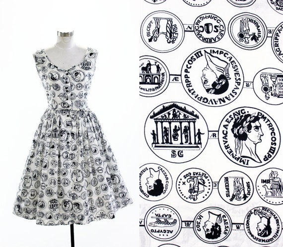 1950's Roman Coin Novelty Print Dress S M Serbin C