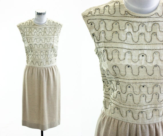 1950's Carlye Beaded Cocktail Dress M L Rhinestone