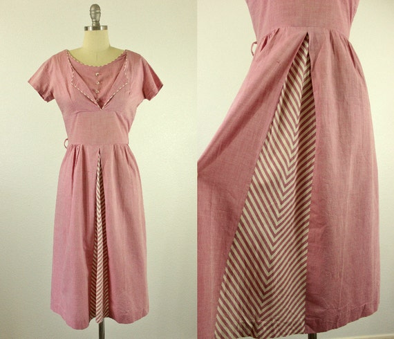 1940's Dusty Pink Cotton Day Dress M L Chevron 50'