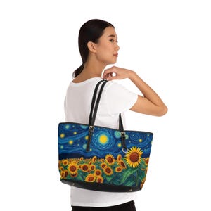 Sunflower Night Sky PU-Leder-Umhängetasche, Perfekte Reisetasche, Geschenk für Kunstliebhaber, Stilvolle Handtasche für jeden Anlass, Einzigartige Blumen