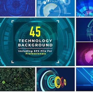 Puede incluir: Una colección de 45 imágenes de fondo de tecnología. Las imágenes presentan diseños abstractos con círculos, líneas y formas geométricas en azul, verde, morado y rosa.