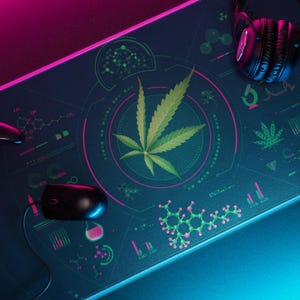 May include: Gaming mousepad with a cannabis leaf design. The pad features a large green cannabis leaf in the center, surrounded by scientific diagrams and a pink and blue neon border. A black gaming controller, mouse, and headphones are also visible.