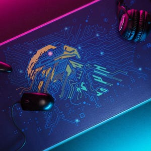 Cipher Eagle Desk Mat, Cyberpunk Circuit Board Tech Art, Futuristic Neon Eagle Mousepad, Gaming Gift for Hacker Coder Programmer Vaporwave