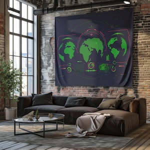 May include: A large rectangular wall tapestry featuring a dark navy blue background with a digital world map graphic composed of bright green dots. The design includes various neon pink and green circular data interfaces and technical HUD elements.