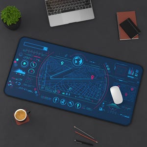 Cyber HUD Map Desk Mat | Futuristic Navigation Gaming Mousepad
