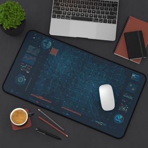 May include: A large, rectangular desk mat with a dark blue background and a topographic map design in light blue. The mat features various data visualization elements and a white computer mouse.