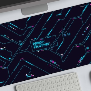 Personalized Neon Cyberpunk Circuit Desk Mat XXL, Custom Name Synthwave Gaming Mousepad