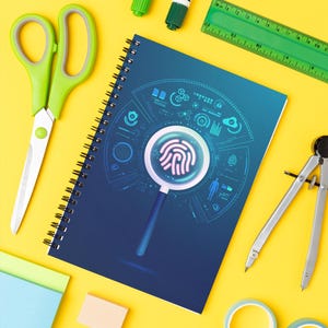May include: A top-down shot of school supplies on a yellow background. A spiral-bound notebook with a fingerprint graphic is surrounded by green scissors, rulers, pencils, tape, and markers. A compass and sticky notes are also present.