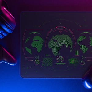 Global Command HUD Gaming Mouse Pad, Sci-Fi Mission Control Desk Mat, Tactical World Map