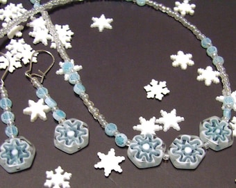 SALE First Flurries Snowflake Necklace and Earrings Set - White Blue and Pearl Glass