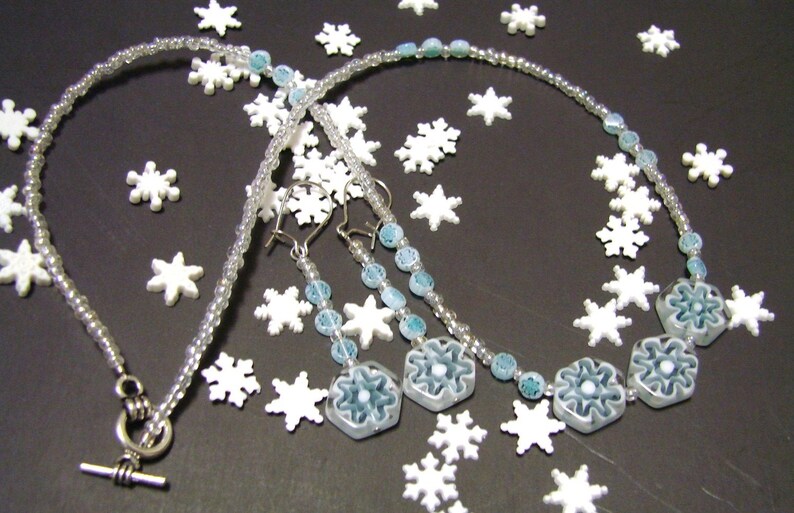 SALE First Flurries Snowflake Necklace and Earrings Set White Blue and Pearl Glass image 3