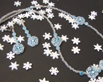 SALE First Snow Necklace and Earrings Snowflake Winter Blue and White Glass Beads