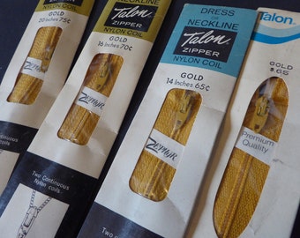 Vintage Talon Zippers Gold Multiple Sizes Brand New 1960s-70s