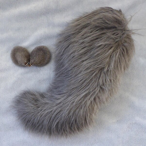 Gray Squirrel Tail and Ears Animal Costume Set Faux Fur Halloween Cosplay