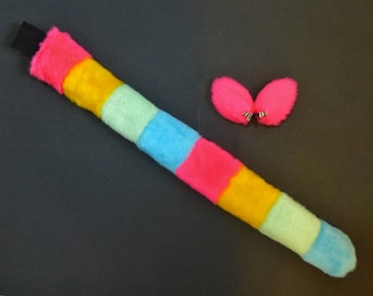 SALE Neon Pink Yellow Green Blue Striped Cat Ears and Tail Set Halloween Costume Cosplay