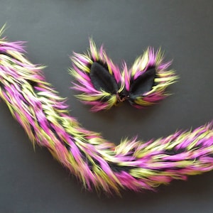 Neon rosa gelb schwarz Kunstpelz Katze Kostüm Ohren und Schwanz Set Halloween Cosplay Rave
