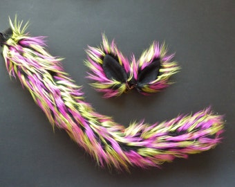 Neon Pink Yellow Black Faux Fur Cat Costume Ears And Tail Set Halloween Cosplay Rave