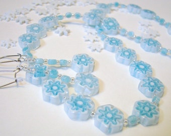 SALE Snow Day Snowflake Necklace and Earrings Set Blue and White Glass and Silver