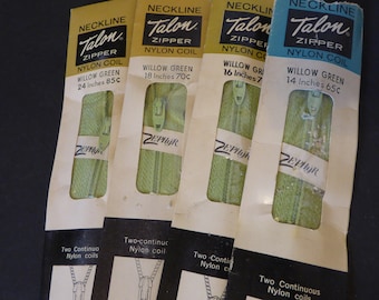 Vintage Talon Zippers Willow Green Light Multiple Sizes Brand New 1960s-70s