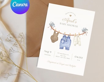 Invitación para baby shower con temática de mezclilla, tendedero, plantilla de invitación para niño (descarga digital)