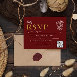 Cartão postal RSVP, Papelaria para casamento, RSVP com código QR, Inserir cartão, Modelo Canva personalizável, Cartões RSVP, RSVP com código QR, 5,5 x 4,25 pol.