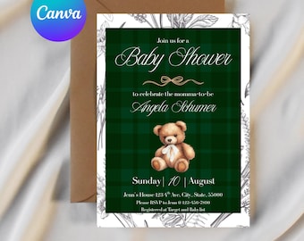Faire-part de baby shower polo ours en peluche, thème classique (modèle de toile personnalisable, téléchargement numérique)