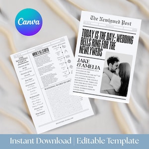 May include: Two wedding-themed newspaper-style templates. One features a wedding party list and word search, the other a headline: "Today is the Day: Wedding Bells Ring for the Newlyweds" with a photo of the couple. The Canva logo is in the upper left.