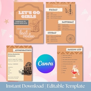 Let&#39;s go girls Bachelorette trip itinerary, Last Rodeo Bachelorette party, Western theme girls trip, mobile itinerary, digital invitation