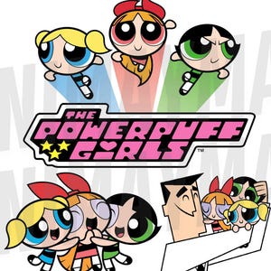 Puede incluir: Los personajes de dibujos animados de las Chicas Superpoderosas, Bombón, Burbuja y Bellota, están volando en el aire con los brazos extendidos. El texto "The Powerpuff Girls" está en una pancarta rosa con estrellas y un corazón. El profesor Utonium está sosteniendo a las chicas en sus brazos.