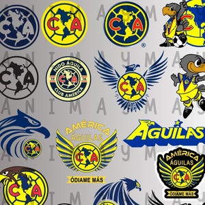Pode incluir: Uma coleção de gráficos digitais com o logotipo do Club América e imagens relacionadas. Os designs incluem o brasão da equipe, mascotes de águia, bolas de futebol e silhuetas de jogadores. A frase "Download instantâneo" também está presente.