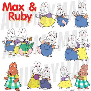 Max i Ruby Bundle 11 plików JPG pdf PNG DOC dla projektów Postacie dla projektów natychmiastowe pobieranie clipartów Cartoon