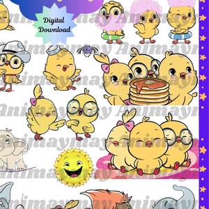K&ouml;nnte beinhalten: Digitaler Download mit Cartoon-K&uuml;ken in verschiedenen Posen. Einige K&uuml;ken tragen Brillen, H&uuml;te und Schwimmringe. Eine Gruppe von K&uuml;ken versammelt sich um einen Stapel Pfannkuchen. Eine l&auml;chelnde Sonne ist ebenfalls enthalten.