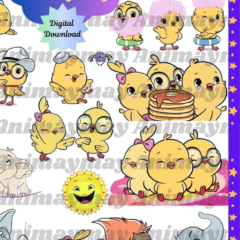K&ouml;nnte beinhalten: Digitaler Download mit Cartoon-K&uuml;ken in verschiedenen Posen. Einige K&uuml;ken tragen Brillen, H&uuml;te und Schwimmringe. Eine Gruppe von K&uuml;ken versammelt sich um einen Stapel Pfannkuchen. Eine l&auml;chelnde Sonne ist ebenfalls enthalten.