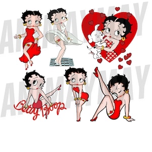 May include: A collection of Betty Boop illustrations in various poses. The images feature Betty in a red dress, a white dress, and with a puppy. The text "Betty Boop" is also included in one of the images.