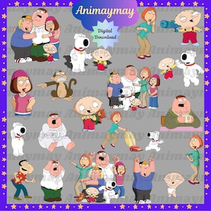 May include: A digital download featuring cartoon characters from the animated series Family Guy. The image includes various characters such as Peter, Lois, Stewie, Brian, and Meg Griffin, in different poses and scenes. The image has a purple border with stars and the text "Animaymay".