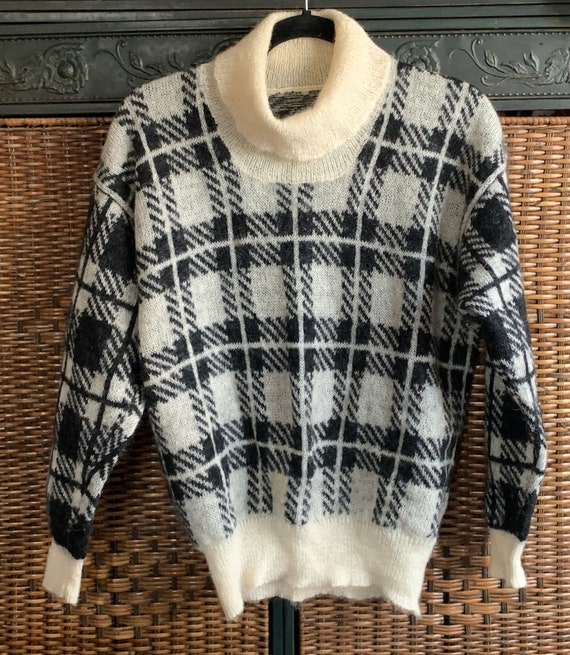 Sweater Mohair Black White Plaid Turtleneck