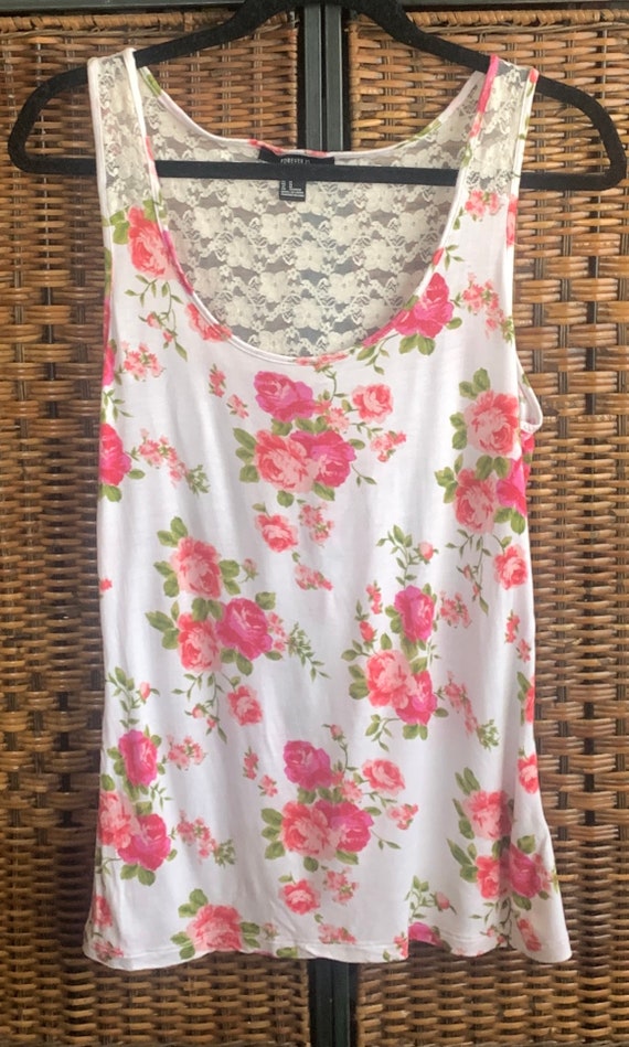 Forever 21 Lace Back Rose Print Cami Size M