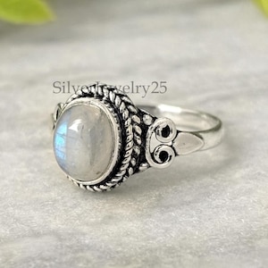 AAA Rainbow Moonstone Ring Sterling Silver Statement Band 925 Solid Silver Alternative Engagement Jewelry