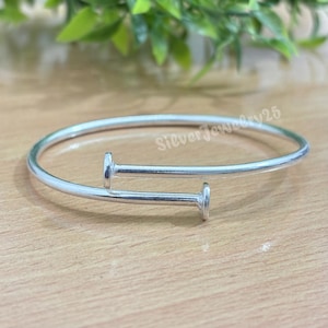 Minimalist Nail Head 925 Silver Bangle | Adjustable Open Cuff Bracelet | Handmade Jewelry | Gift for Him & Her | Sleek Industrial Style