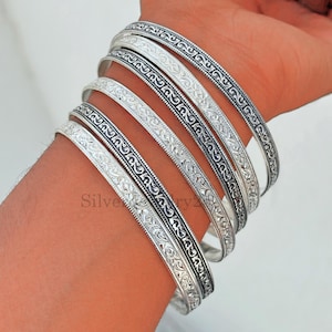 Handgemachte Sterling Silber Armreifen Set: Oxidierte Blumen Manschetten