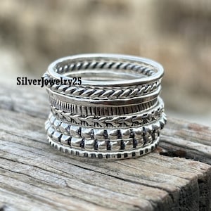 Stacking Rings Set of 8 Sterling Silver Bands - Silver Stackable Ring Bands for Women, Minimalist Ring Stacks | Gift For Her