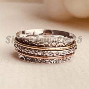 Spinner Ring, 925 Sterling Silver, Textural Unique Spinner Ring, Meditation Ring, Anxiety Ring, Handmade Jewelry for Her