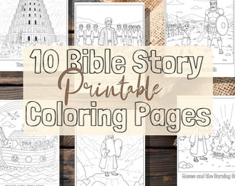May include: 10 black and white printable coloring pages featuring Bible stories. The pages include images of Noah's Ark, Moses and the Burning Bush, the Tower of Babel, and more.