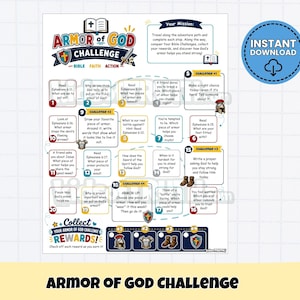 May include: A printable Armor of God Challenge activity sheet featuring a numbered path with twenty boxes containing Bible-based questions and tasks. The design includes colorful graphics of armor pieces, a blue instant download badge, and text.