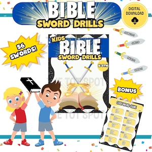 Puede incluir: Una descarga digital para juegos de espadas bíblicas para niños. La imagen muestra una ilustración colorida de dos niños que sostienen una Biblia y espadas. El texto "KIDS BIBLE SWORD DRILLS" está en una pancarta roja, blanca y azul. El texto "56 SWORDS!" está en un círculo amarillo. El texto "K-5TH!" está en una estrella negra. El texto "BONUS CODE WORD GAME" está en una pancarta amarilla.